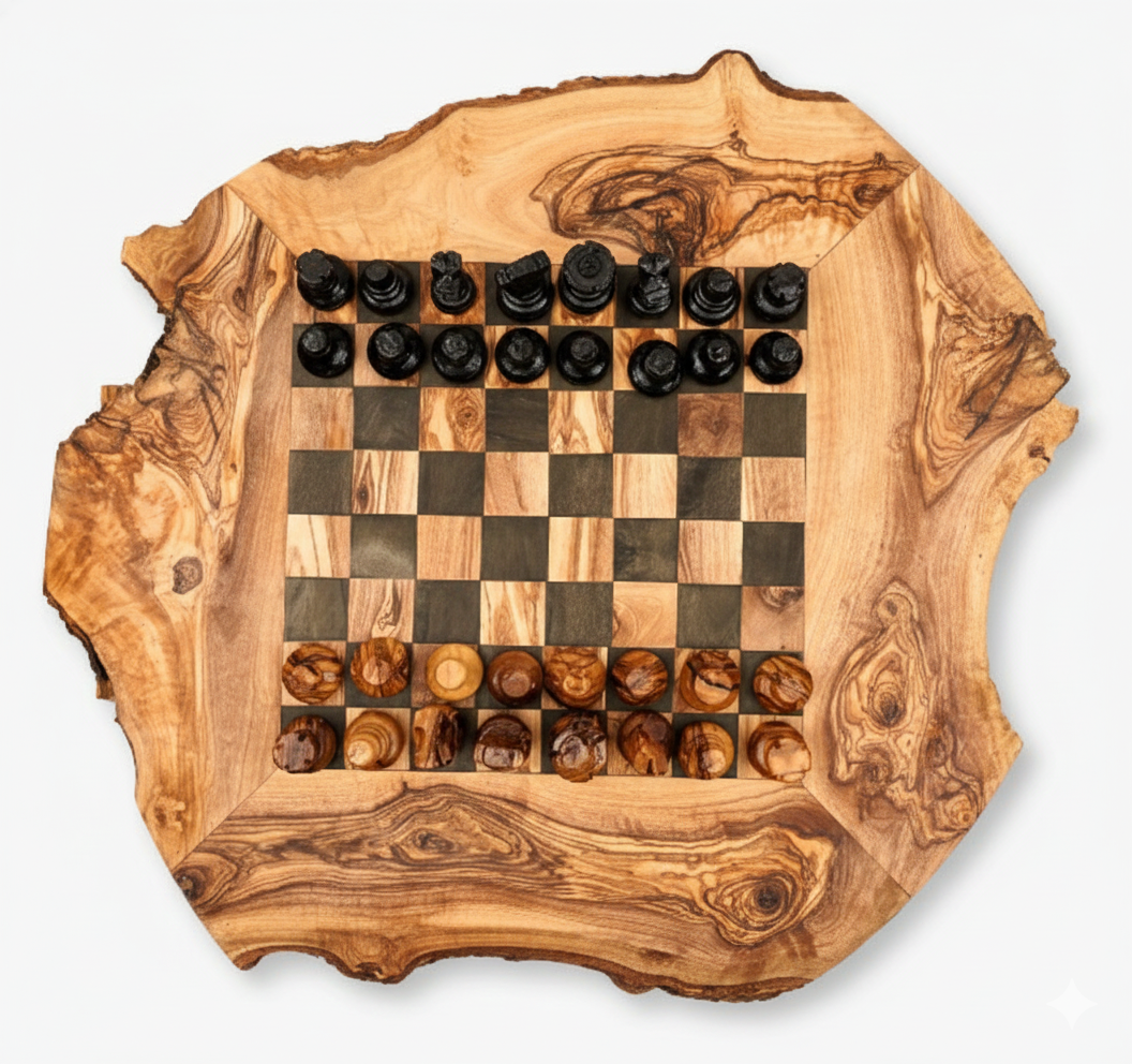 Handmade Rustic Olive Wood Chess Set – Natural Rough Edge Wooden Chessboard, Unique Artisan Board Game Gift. Large Size : 33/33 cm - 13/13 Inch