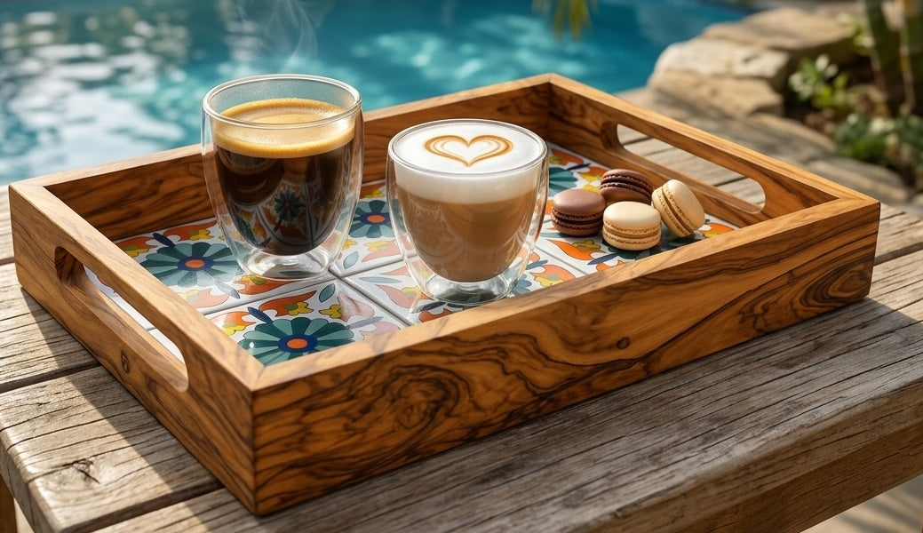 Olive Wood Ceramic Tray | Mediterranean Floral Serving Decor