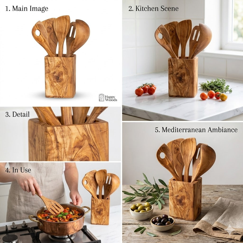 Olive Wood Kitchen Utensils Set – 5 Pieces with Holder | Handmade Wooden Cooking Tools