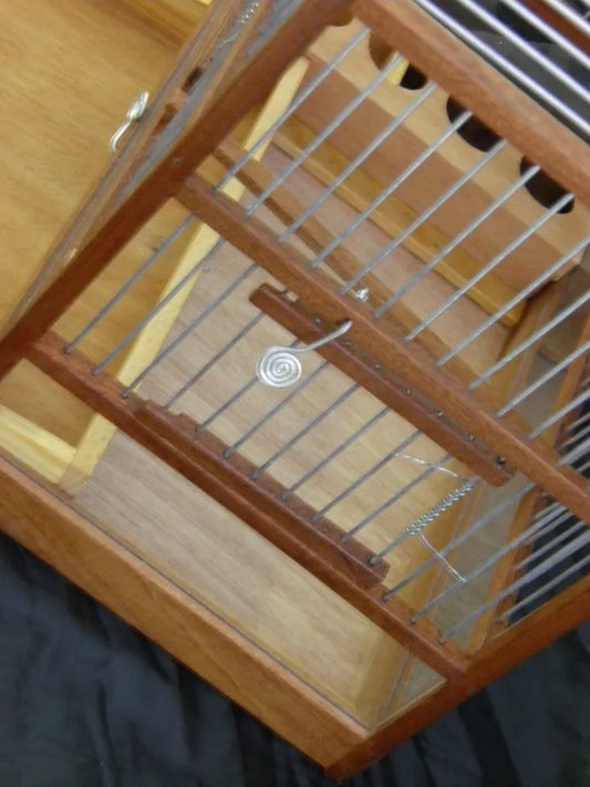 Handcrafted Red Wood Bird Cage with Slide-Out Tray & Plexiglass Base – Durable & Elegant