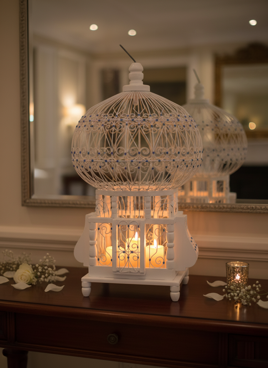 Vintage Handcrafted Wooden Bird Cage – Blue & White – Decorative Piece