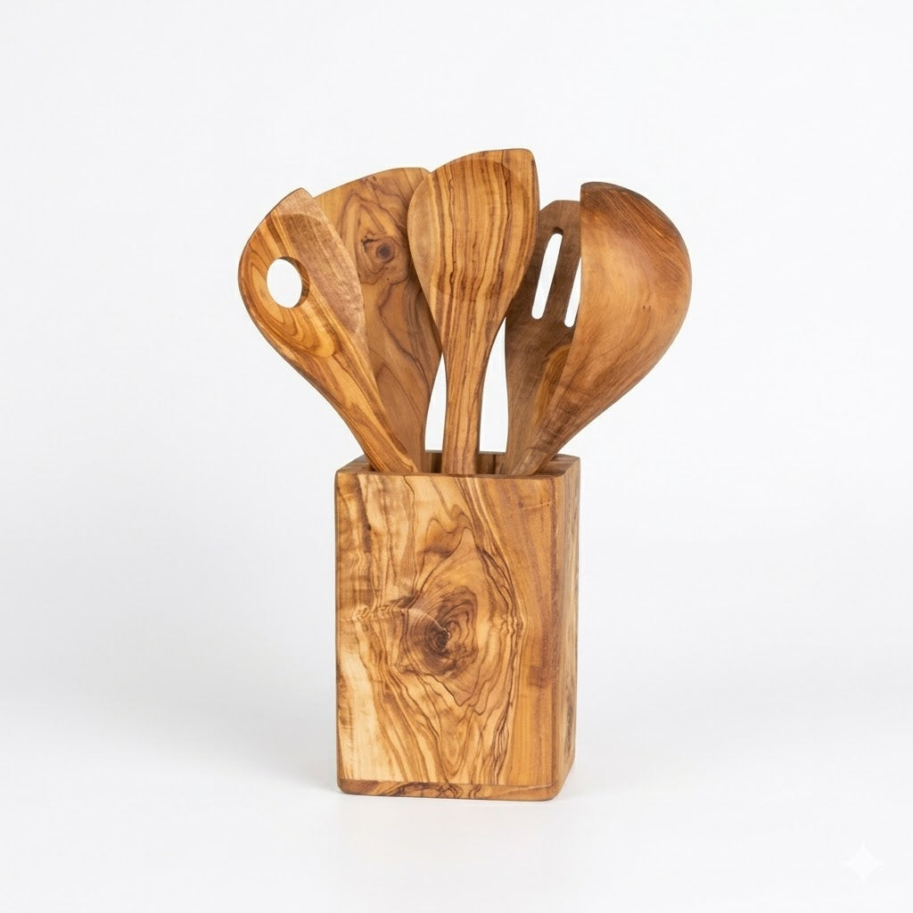 Olive Wood Kitchen Utensils Set – 5 Pieces with Holder | Handmade Wooden Cooking Tools