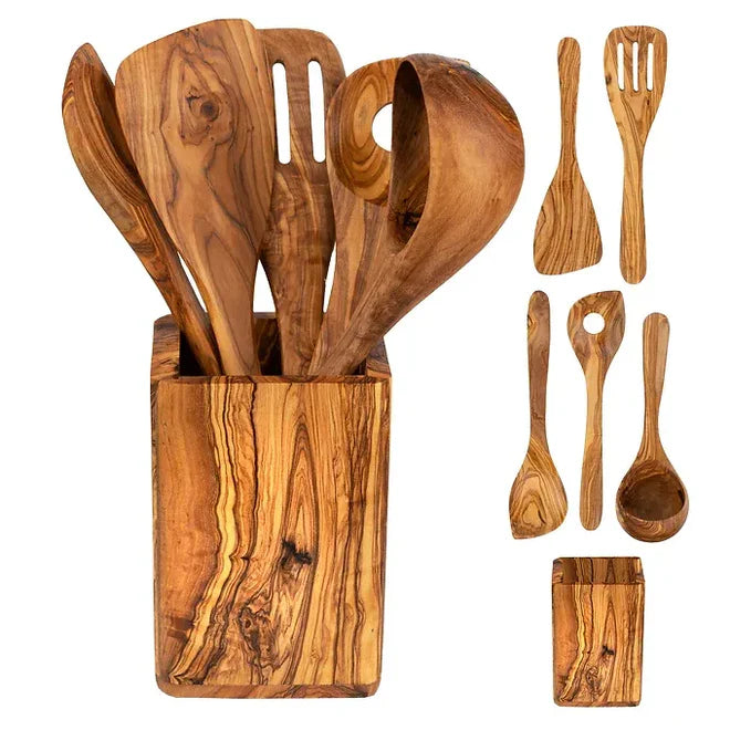 Olive Wood Kitchen Utensils Set – 5 Pieces with Holder | Handmade Wooden Cooking Tools