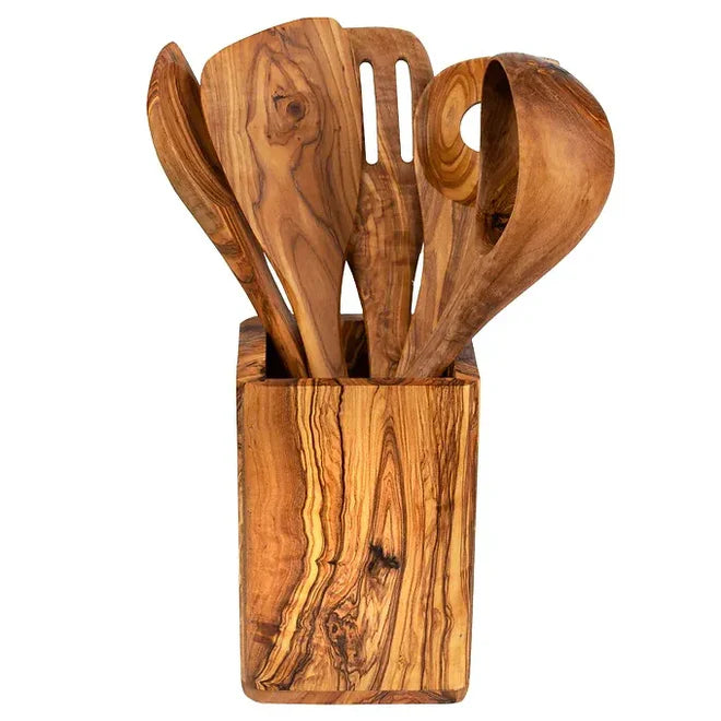 Olive Wood Kitchen Utensils Set – 5 Pieces with Holder | Handmade Wooden Cooking Tools