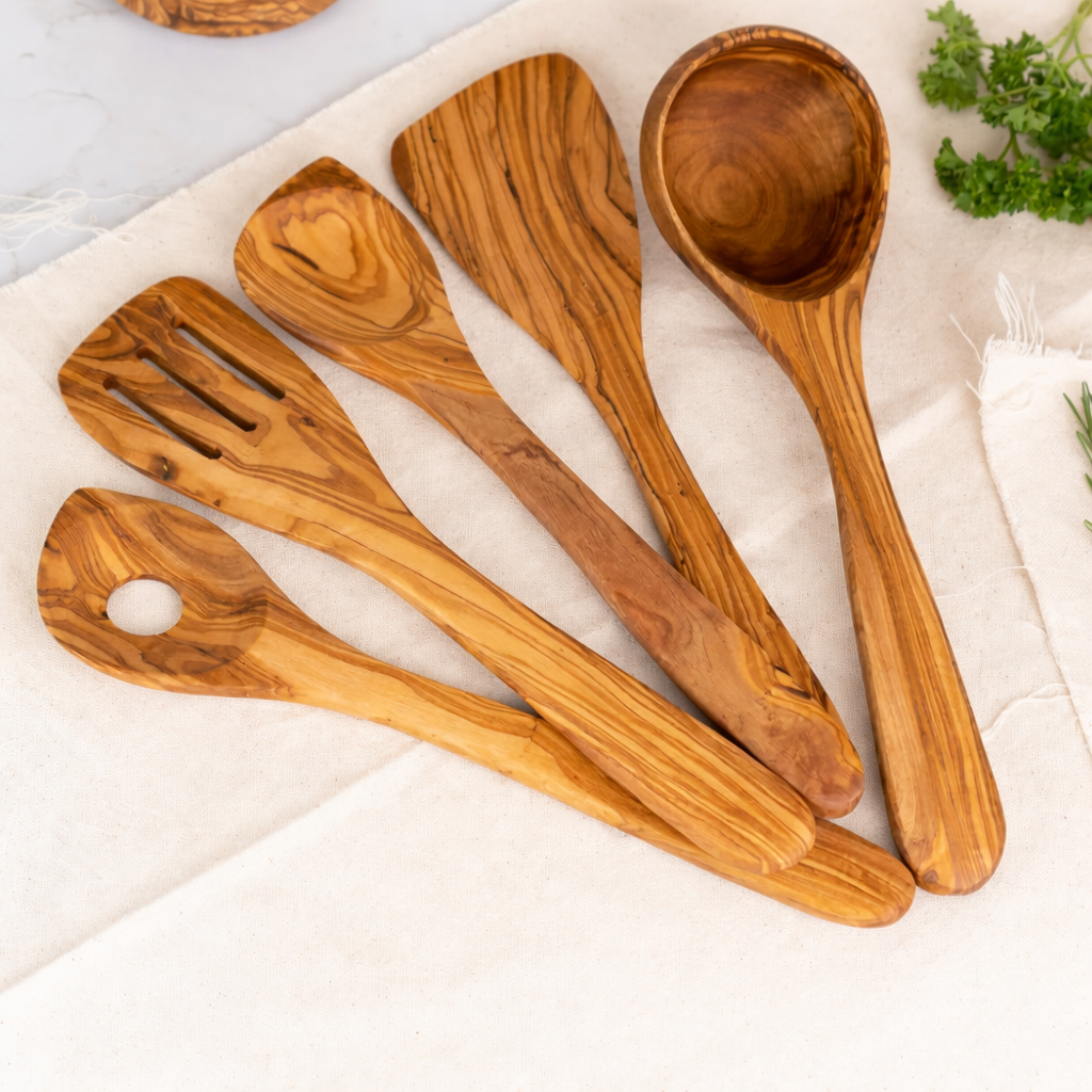 Olive Wood Kitchen Utensils Set – 5 Pieces with Holder | Handmade Wooden Cooking Tools