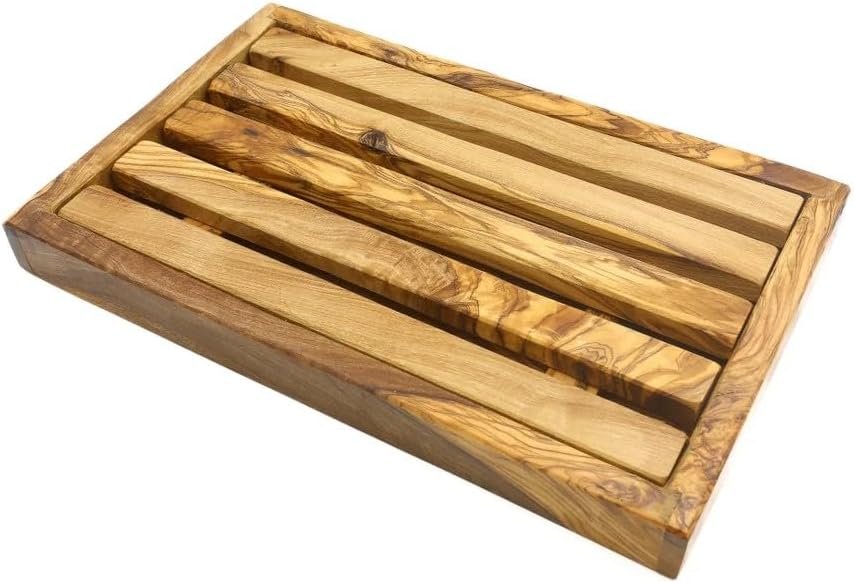 Olive Wood Breadboard with Crumb Tray, Natural Grain, Handmade