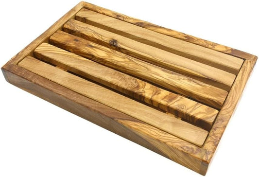 Olive Wood Breadboard with Crumb Tray, Natural Grain, Handmade