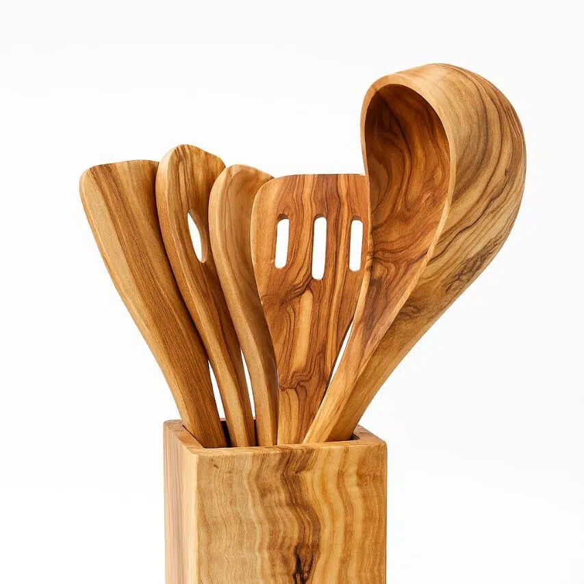 Olive Wood Kitchen Utensils Set – 5 Pieces with Holder | Handmade Wooden Cooking Tools