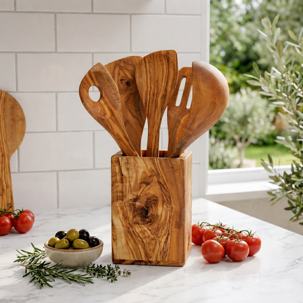 Olive Wood Kitchen Utensils Set – 5 Pieces with Holder | Handmade Wooden Cooking Tools