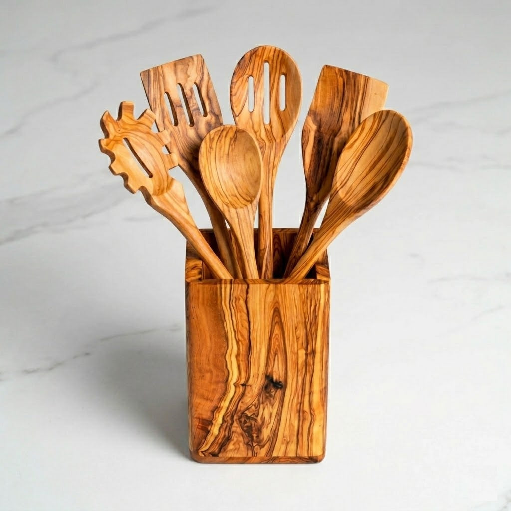 Olive Wood Kitchen Utensils Set – 6 Handmade Tools with Holder