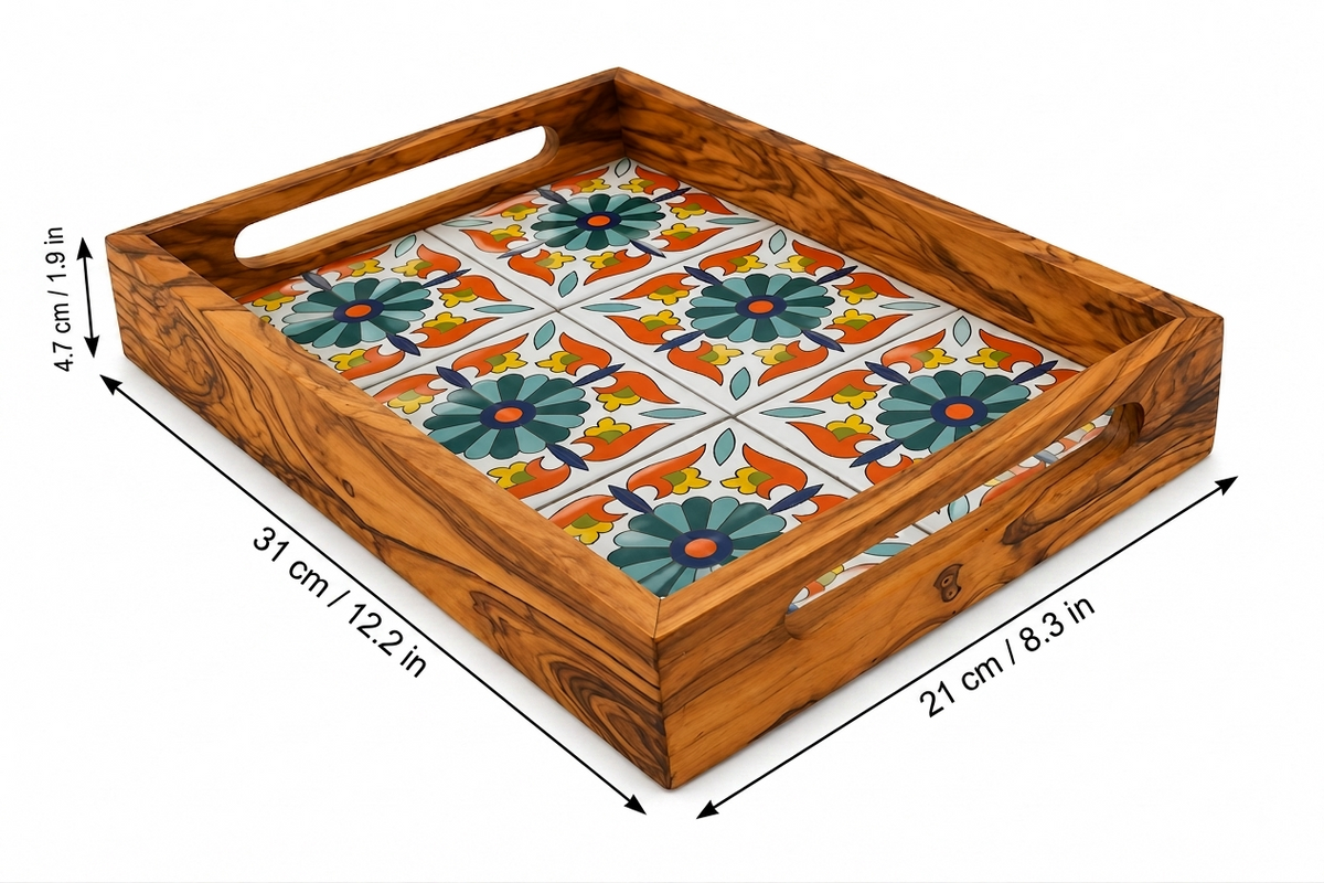 Olive Wood Ceramic Tray | Mediterranean Floral Serving Decor