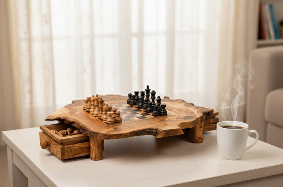 Handmade Rustic Olive Wood Chess Set – Natural Rough Edge Wooden Chessboard, Unique Artisan Board Game Gift. Large Size : 33/33 cm - 13/13 Inch