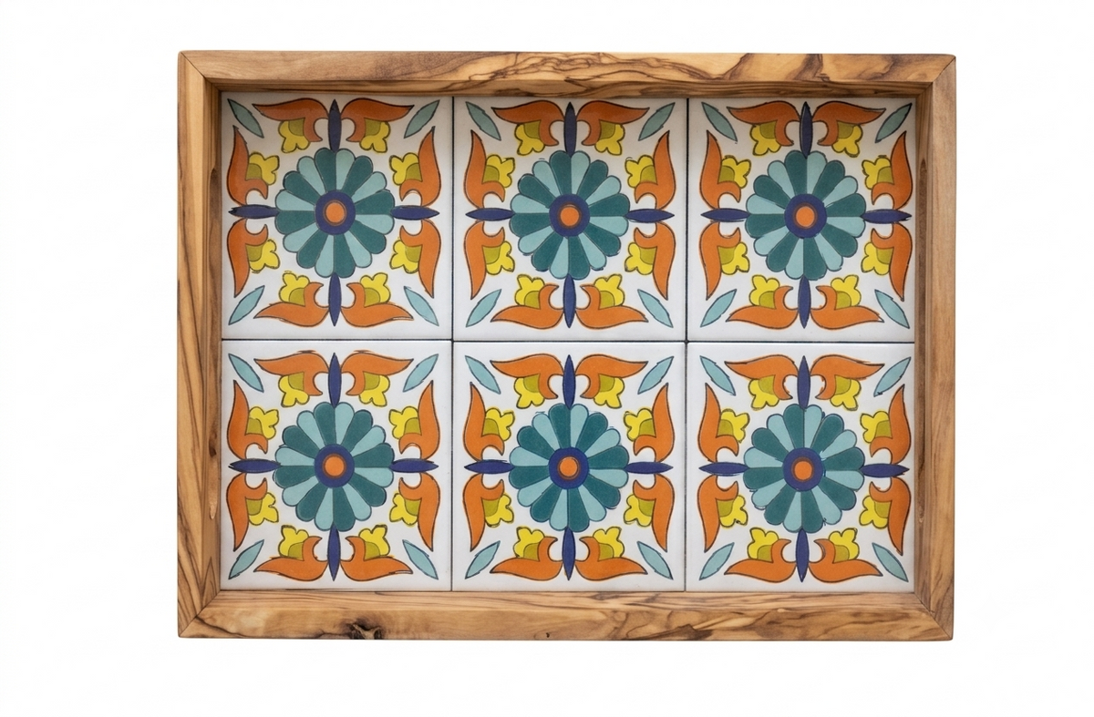 Olive Wood Ceramic Tray | Mediterranean Floral Serving Decor