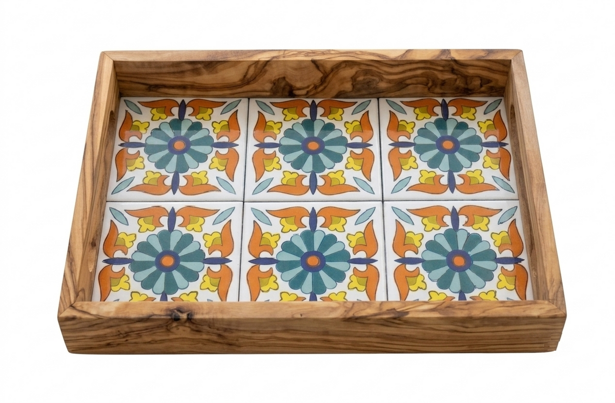 Olive Wood Ceramic Tray | Mediterranean Floral Serving Decor