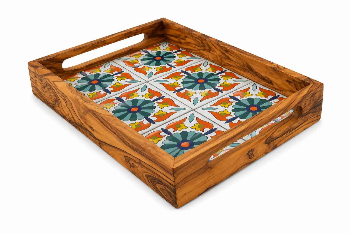 Olive Wood Ceramic Tray | Mediterranean Floral Serving Decor