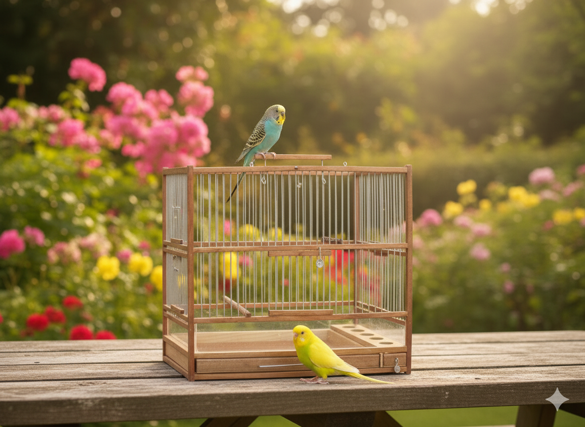 Medium Handcrafted Wooden Bird Cage with Slide-Out Tray & Plexiglass Base