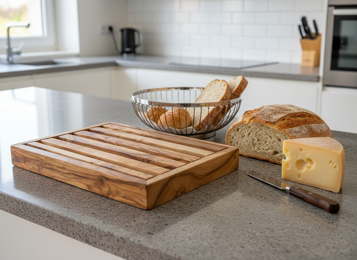 Olive Wood Breadboard with Crumb Tray, Natural Grain, Handmade