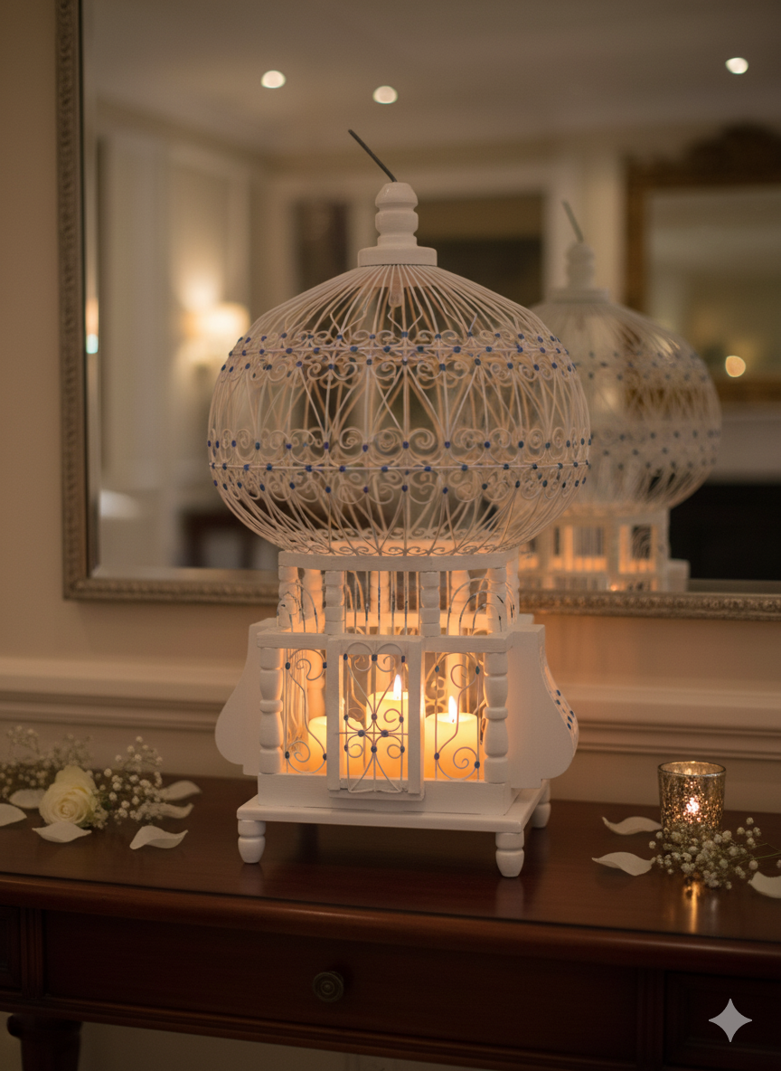 Vintage Handcrafted Wooden Bird Cage – Blue & White – Decorative Piece