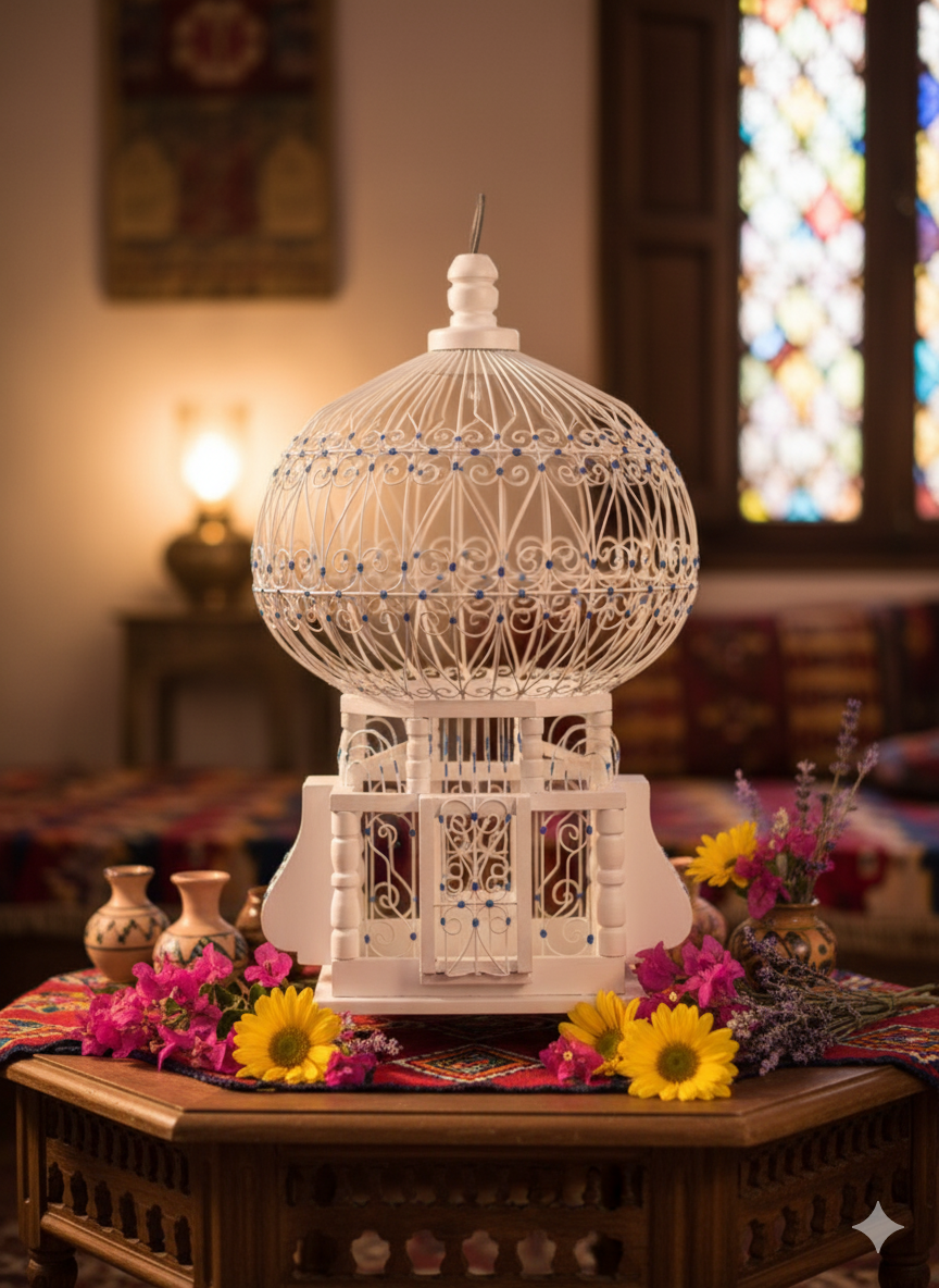 Vintage Handcrafted Wooden Bird Cage – Blue & White – Decorative Piece