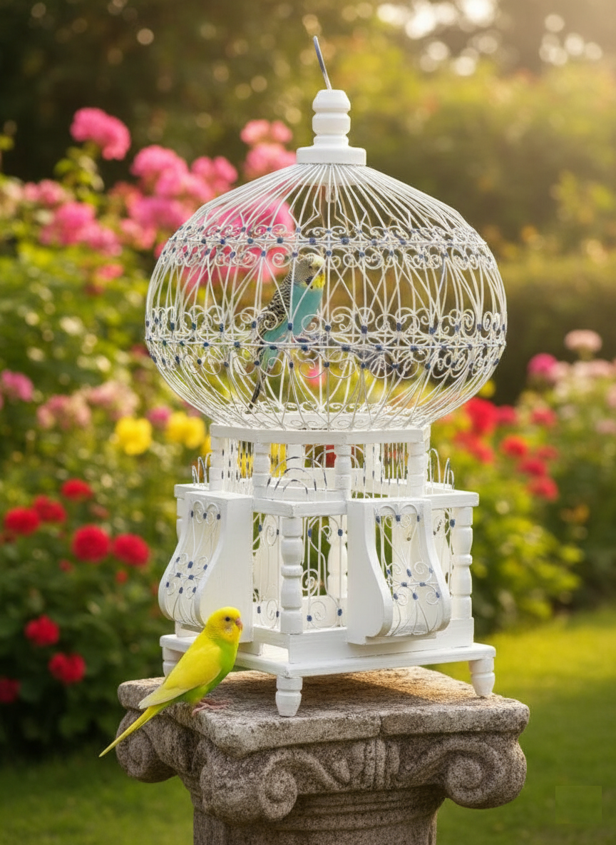 Vintage Handcrafted Wooden Bird Cage – Blue & White – Decorative Piece