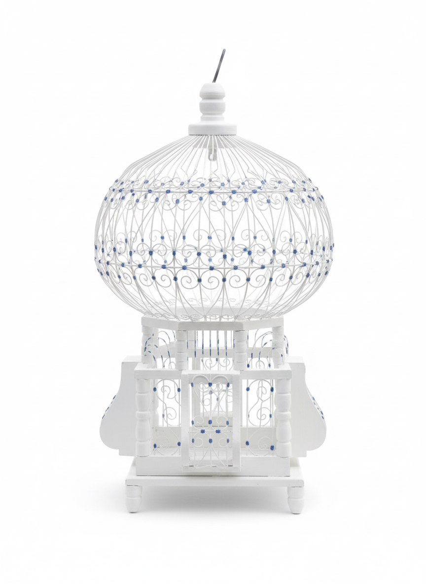 Vintage Handcrafted Wooden Bird Cage – Blue & White – Decorative Piece