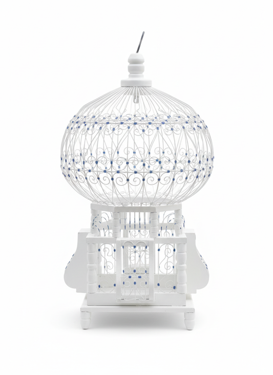 Vintage Handcrafted Wooden Bird Cage – Blue & White – Decorative Piece