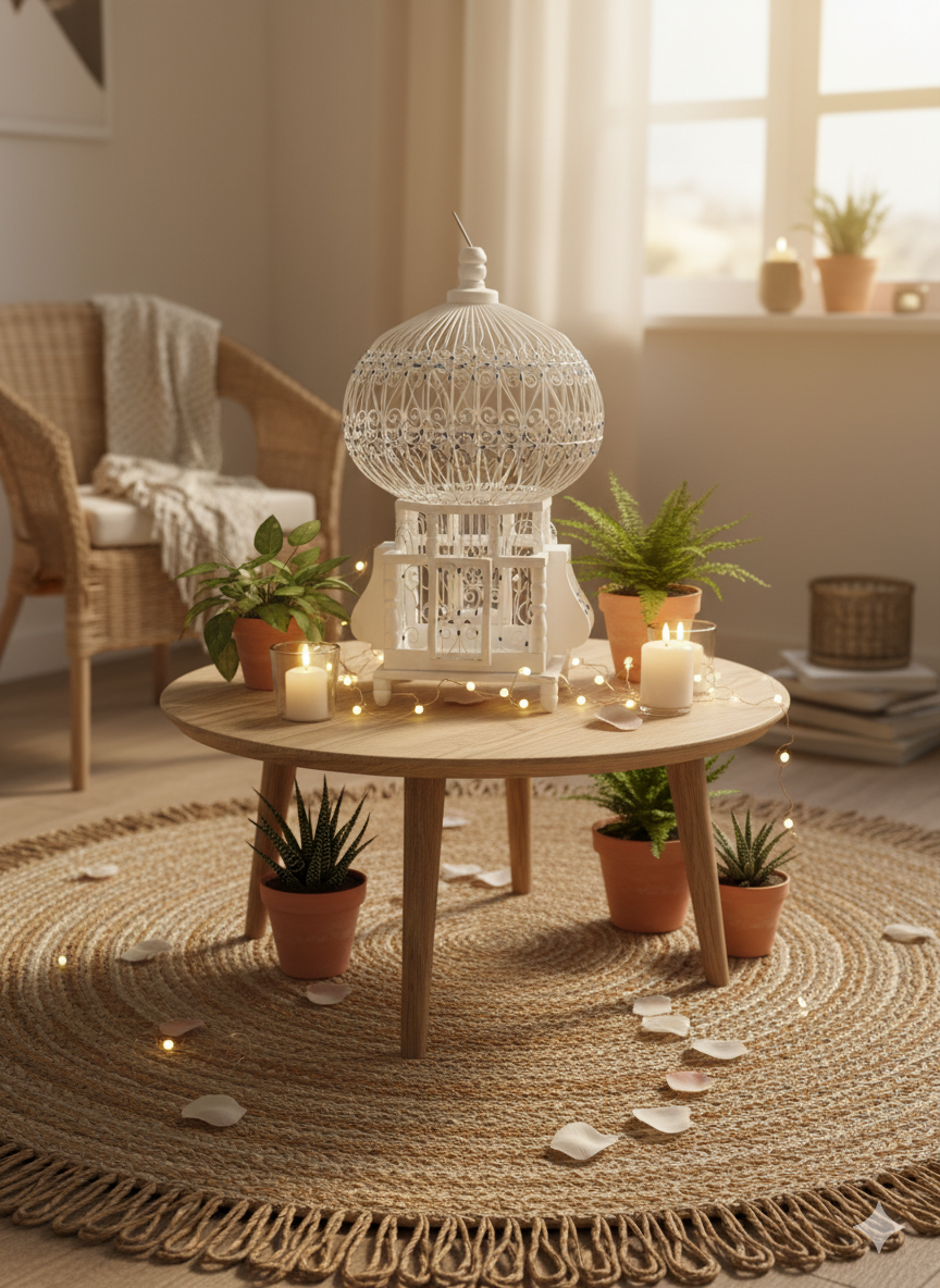 Vintage Handcrafted Wooden Bird Cage – Blue & White – Decorative Piece