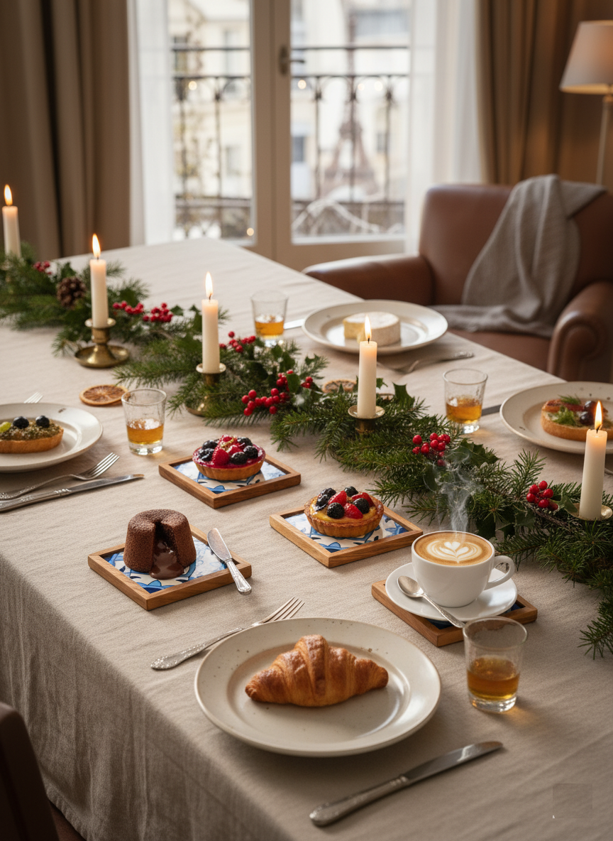 Set of 4 Classic Olive Wood and Ceramic Coasters