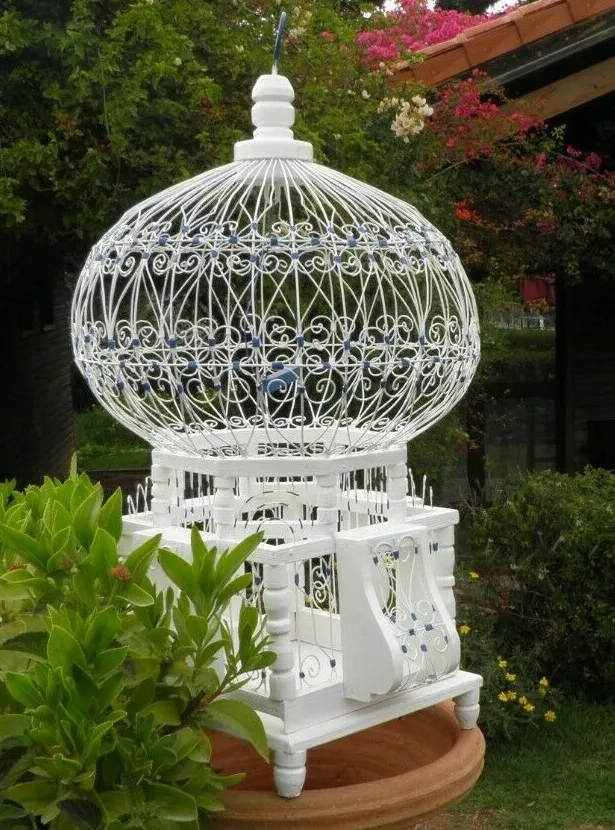 Vintage Handcrafted Wooden Bird Cage – Blue & White – Decorative Piece