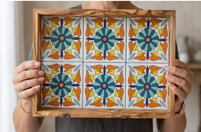 Olive Wood Ceramic Tray | Mediterranean Floral Serving Decor