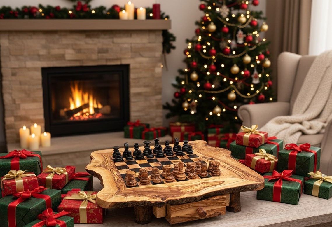 Handmade Rustic Olive Wood Chess Set – Natural Rough Edge Wooden Chessboard, Unique Artisan Board Game Gift. Large Size : 33/33 cm - 13/13 Inch