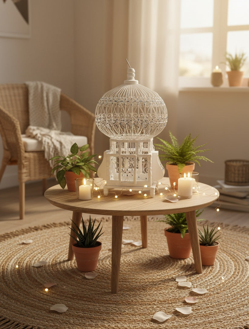 Vintage Handcrafted Wooden Bird Cage – Blue & White – Decorative Piece