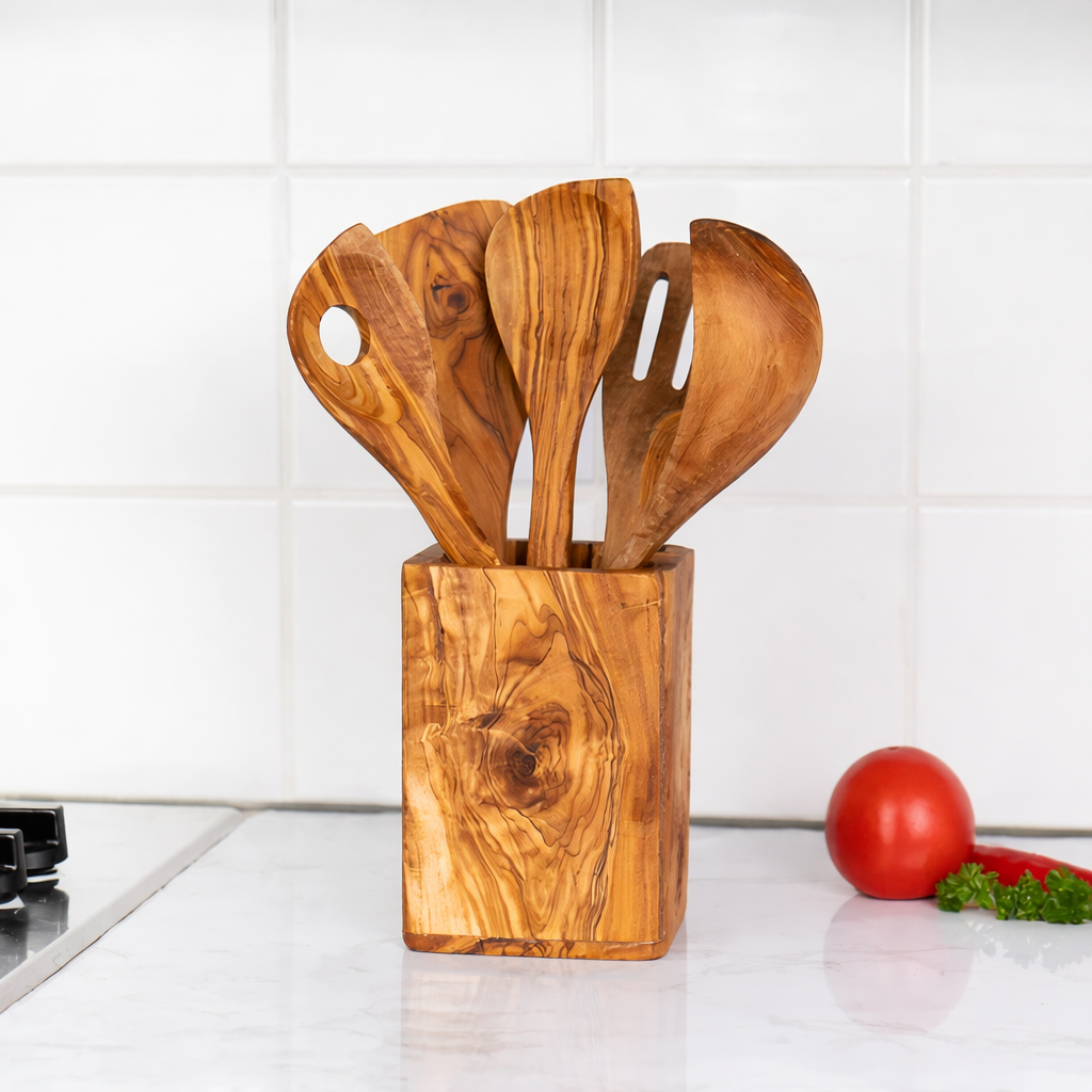 Olive Wood Kitchen Utensils Set – 5 Pieces with Holder | Handmade Wooden Cooking Tools