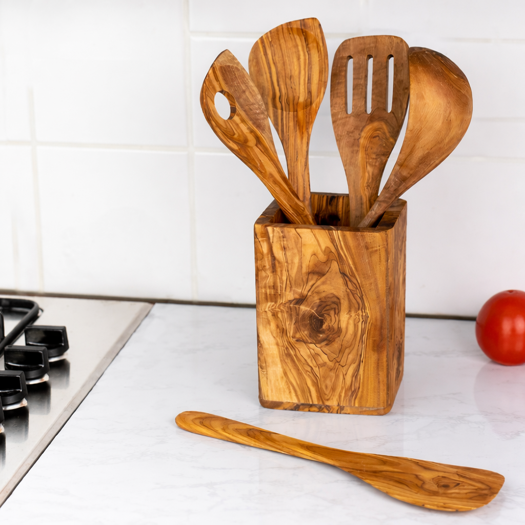 Olive Wood Kitchen Utensils Set – 5 Pieces with Holder | Handmade Wooden Cooking Tools