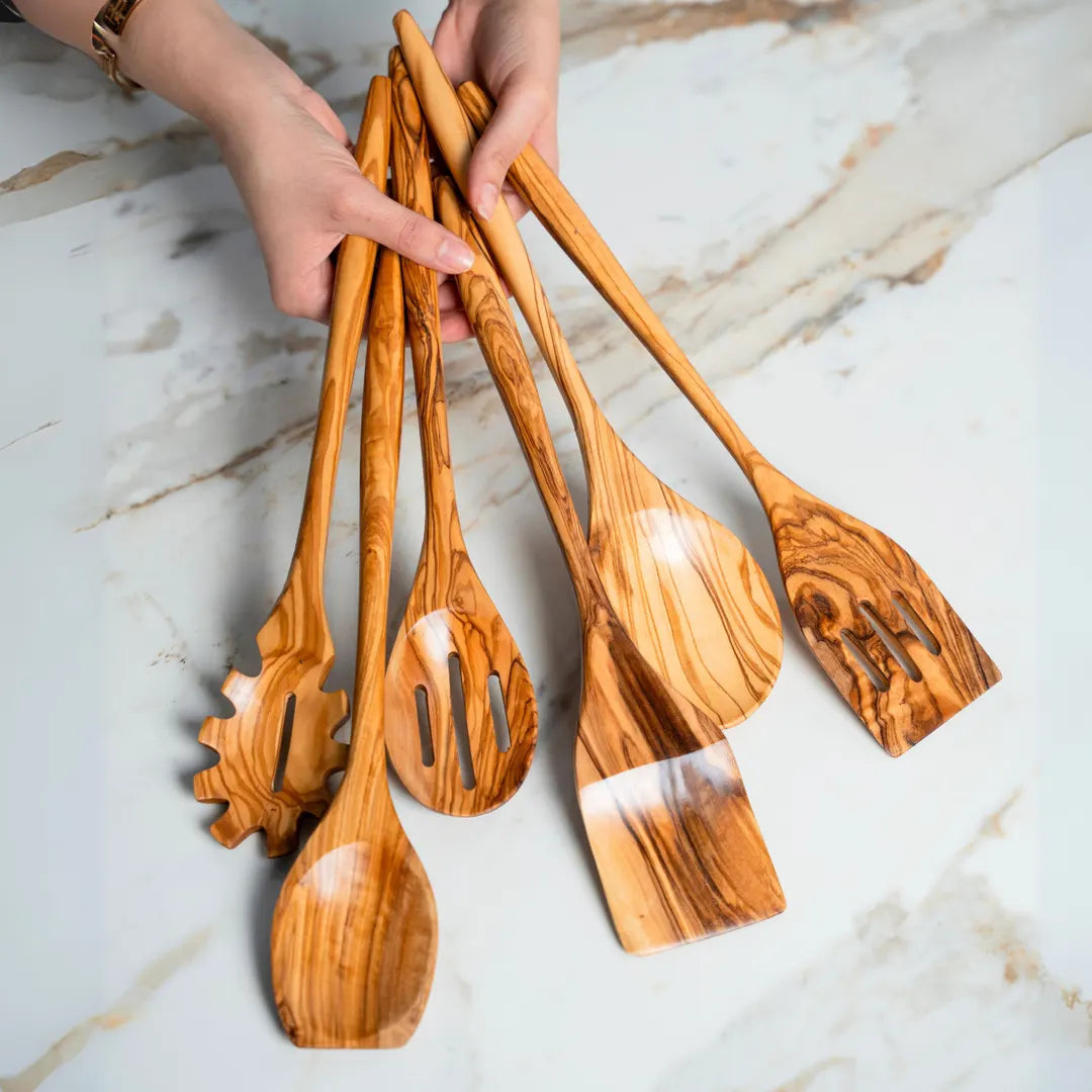 Olive Wood Kitchen Utensils Set – 6 Handmade Tools with Holder
