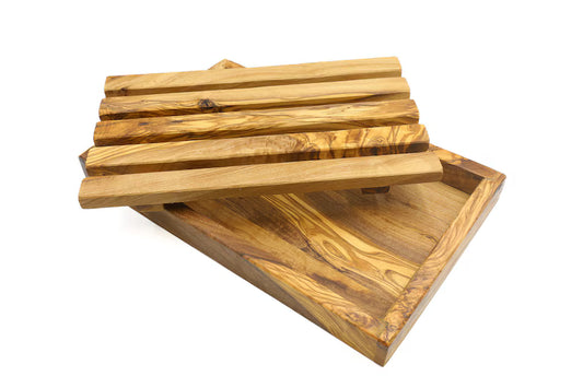 Olive Wood Breadboard with Crumb Tray, Natural Grain, Handmade