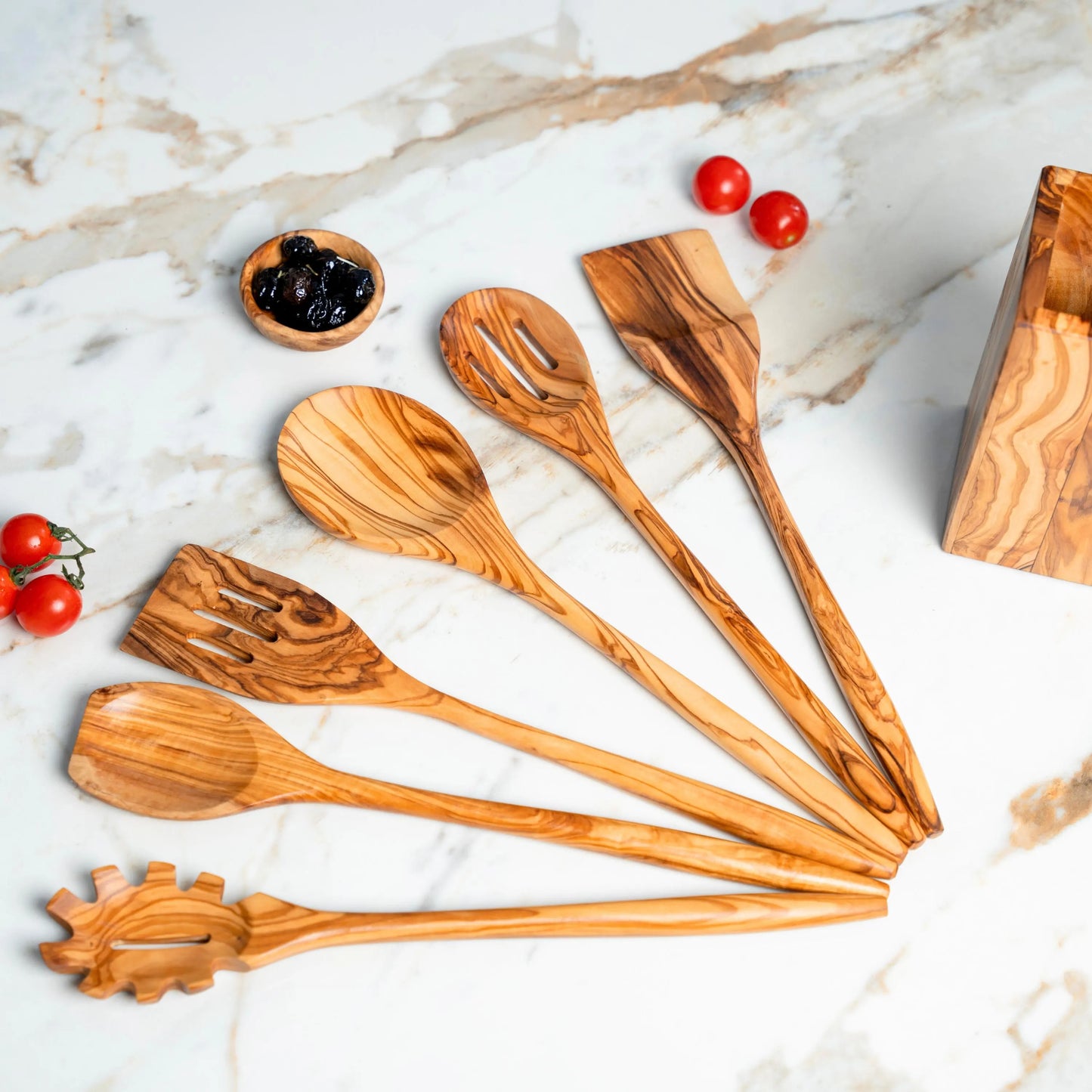 Olive Wood Kitchen Utensils Set – 6 Handmade Tools with Holder