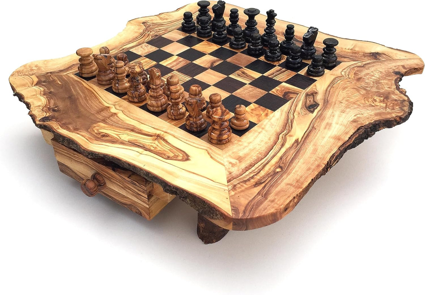 Handmade Rustic Olive Wood Chess Set – Natural Rough Edge Wooden Chessboard, Unique Artisan Board Game Gift. Large Size : 33/33 cm - 13/13 Inch