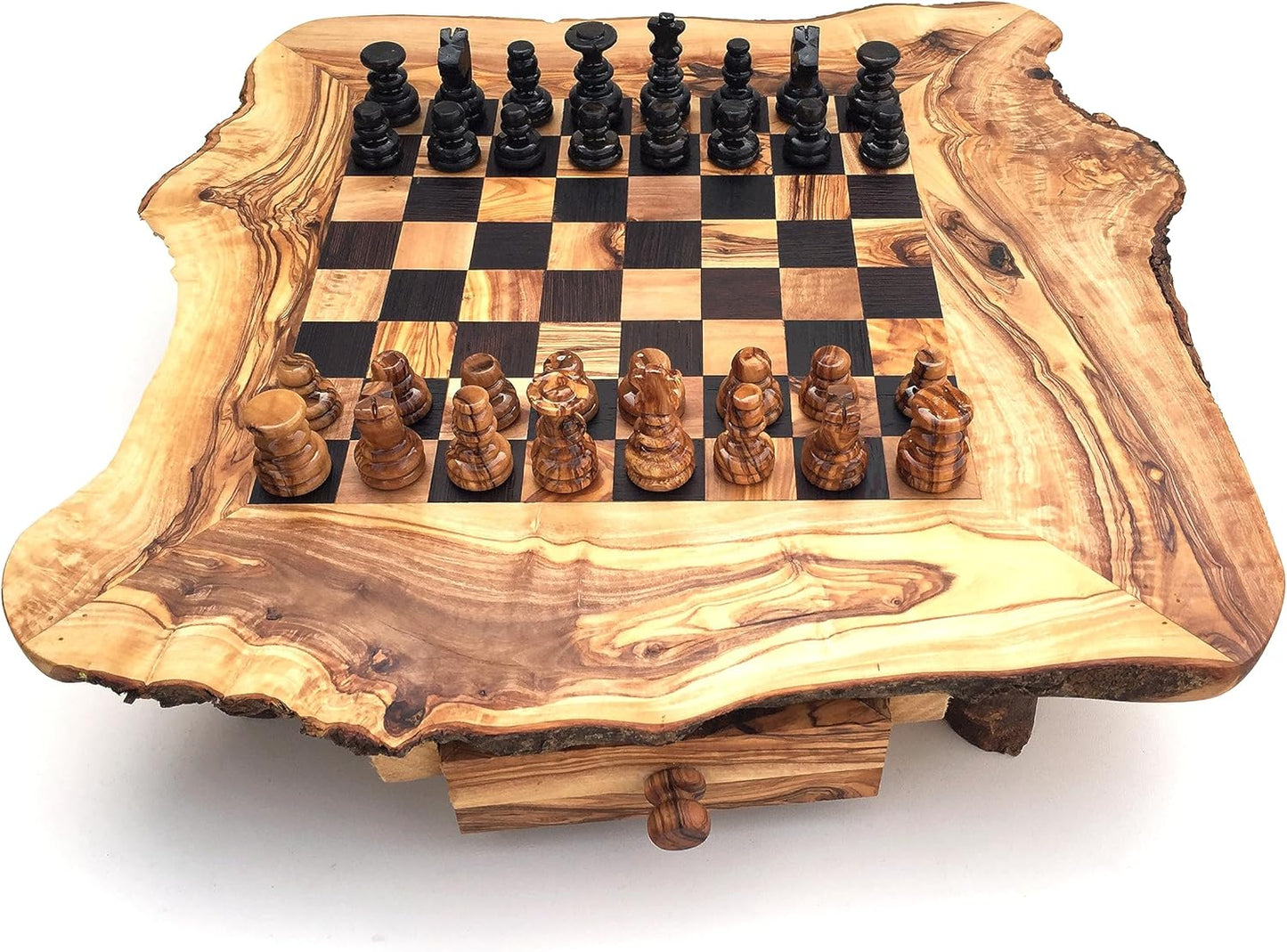 Handmade Rustic Olive Wood Chess Set – Natural Rough Edge Wooden Chessboard, Unique Artisan Board Game Gift. Large Size : 33/33 cm - 13/13 Inch