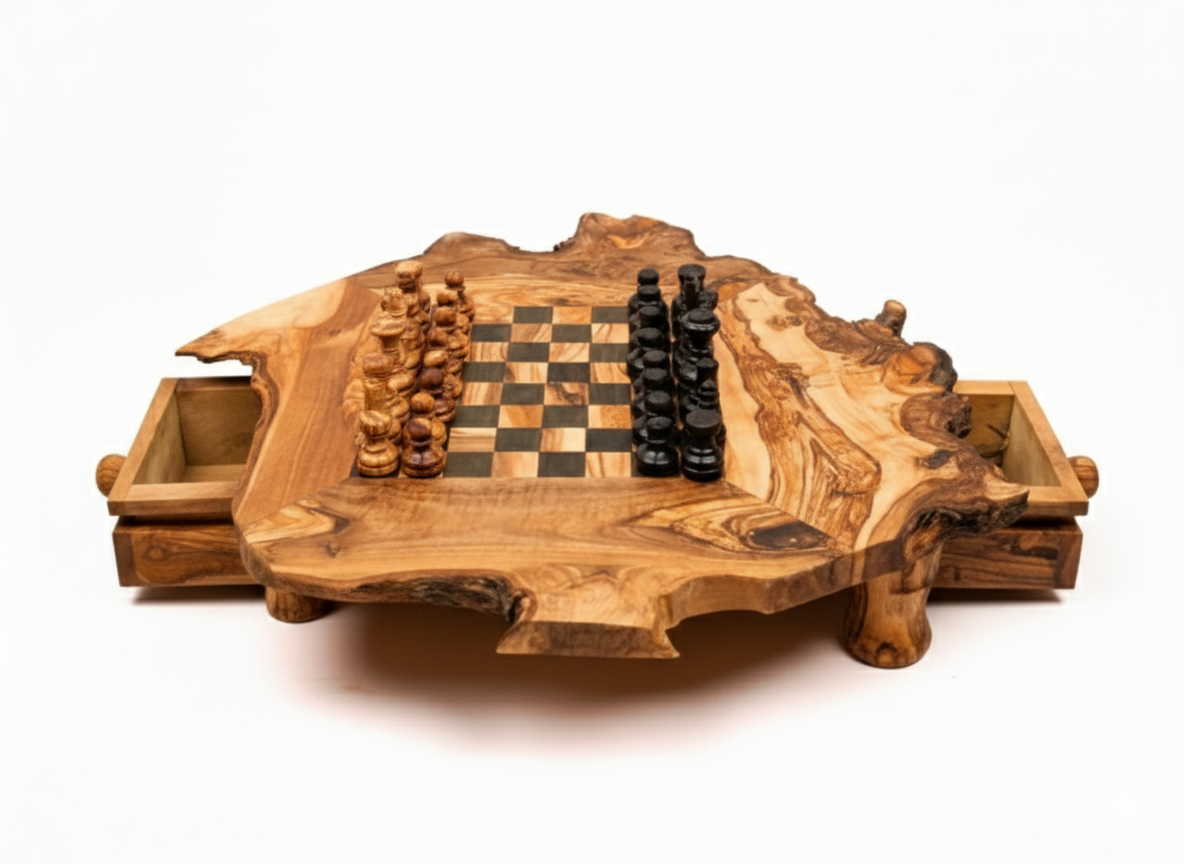 Handmade Rustic Olive Wood Chess Set – Natural Rough Edge Wooden Chessboard, Unique Artisan Board Game Gift. Large Size : 33/33 cm - 13/13 Inch