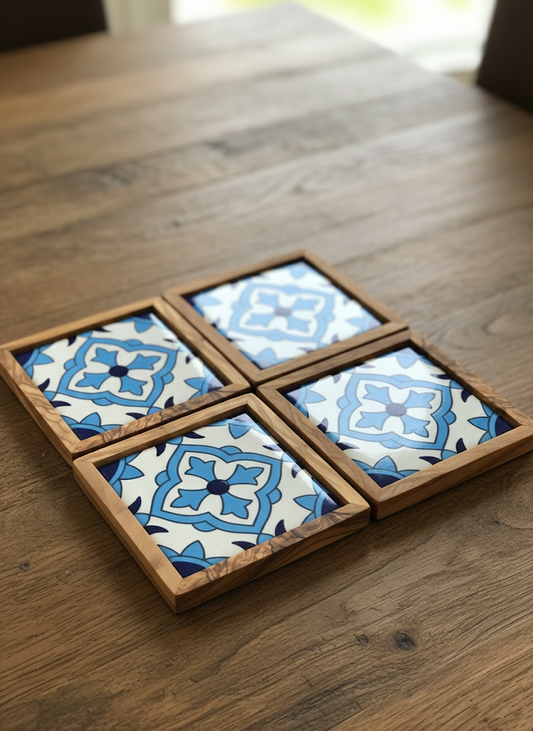 Set of 4 Classic Olive Wood and Ceramic Coasters
