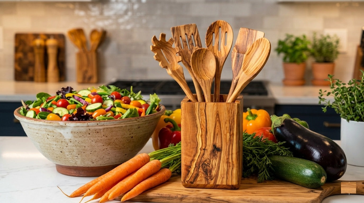 Olive Wood Kitchen Utensils Set – 6 Handmade Tools with Holder