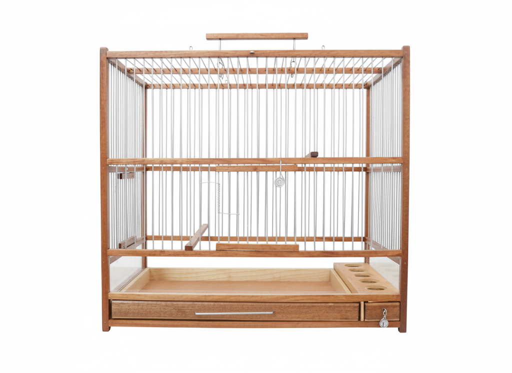 Medium Handcrafted Wooden Bird Cage with Slide-Out Tray & Plexiglass Base