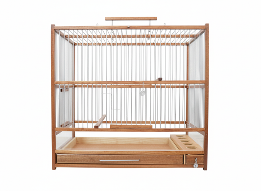 Medium Handcrafted Wooden Bird Cage with Slide-Out Tray & Plexiglass Base