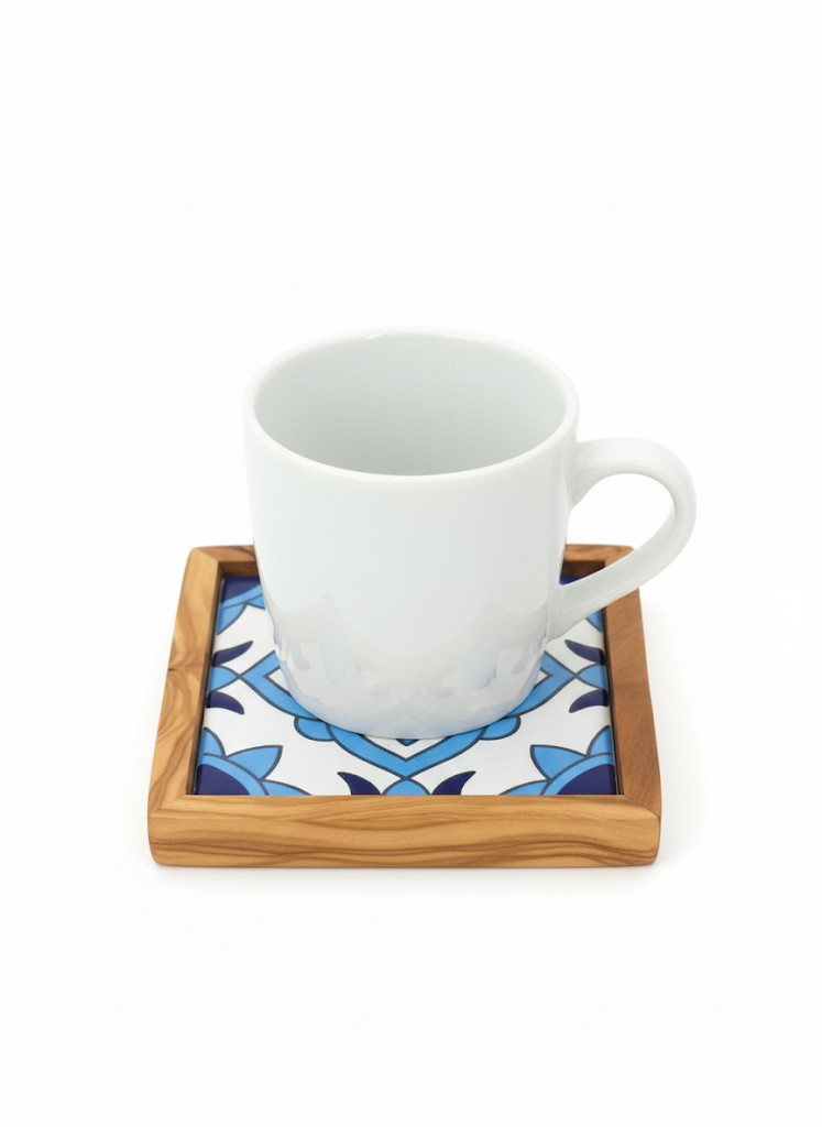 Set of 4 Classic Olive Wood and Ceramic Coasters