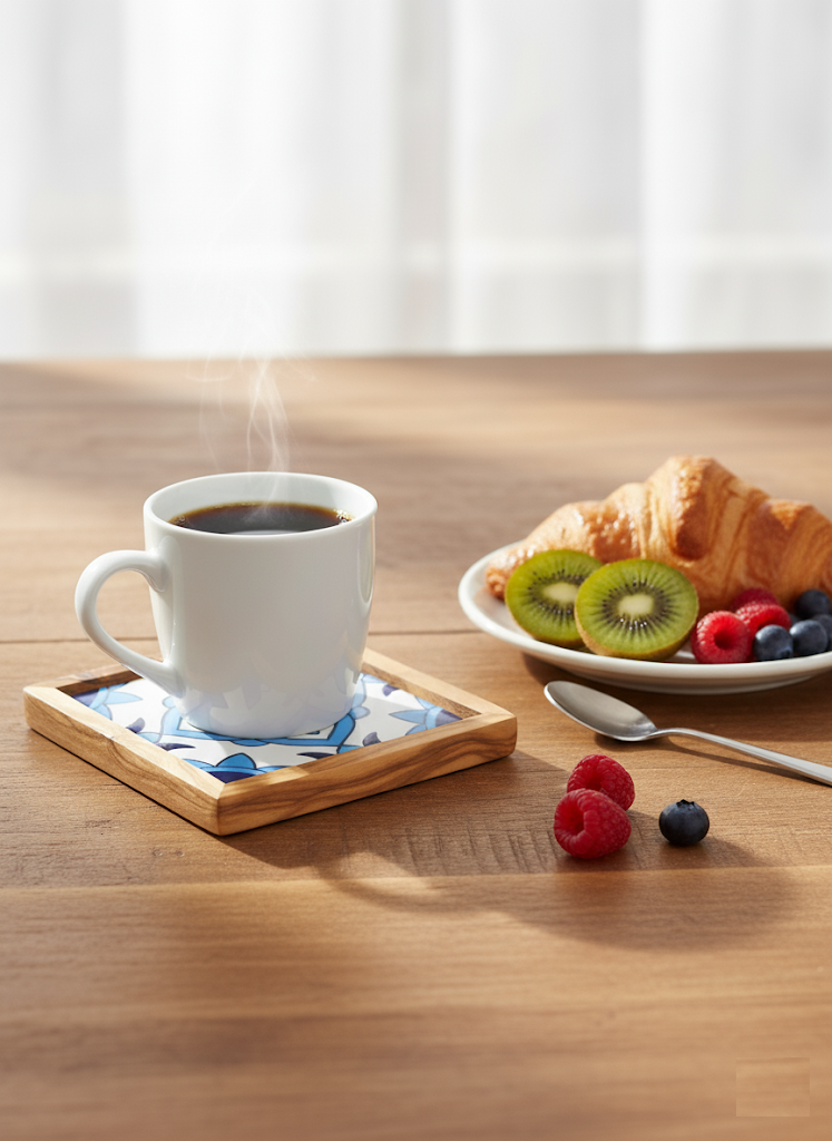 Set of 4 Classic Olive Wood and Ceramic Coasters