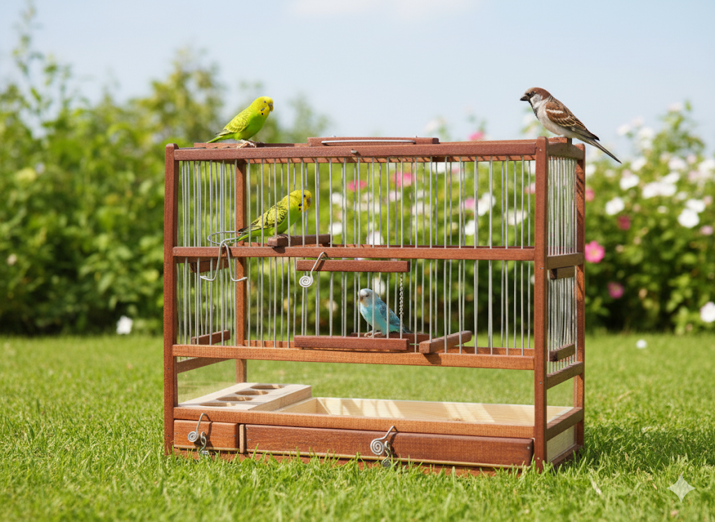 Medium Handcrafted Wooden Bird Cage with Slide-Out Tray & Plexiglass Base