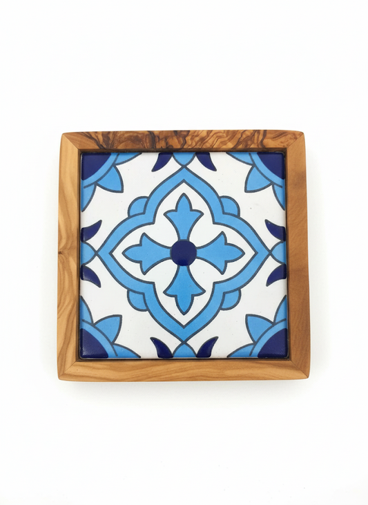 Set of 4 Classic Olive Wood and Ceramic Coasters