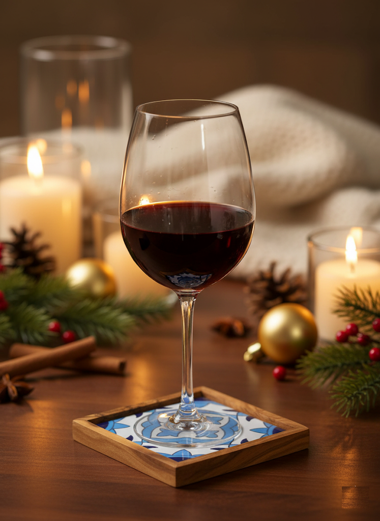 Set of 4 Classic Olive Wood and Ceramic Coasters